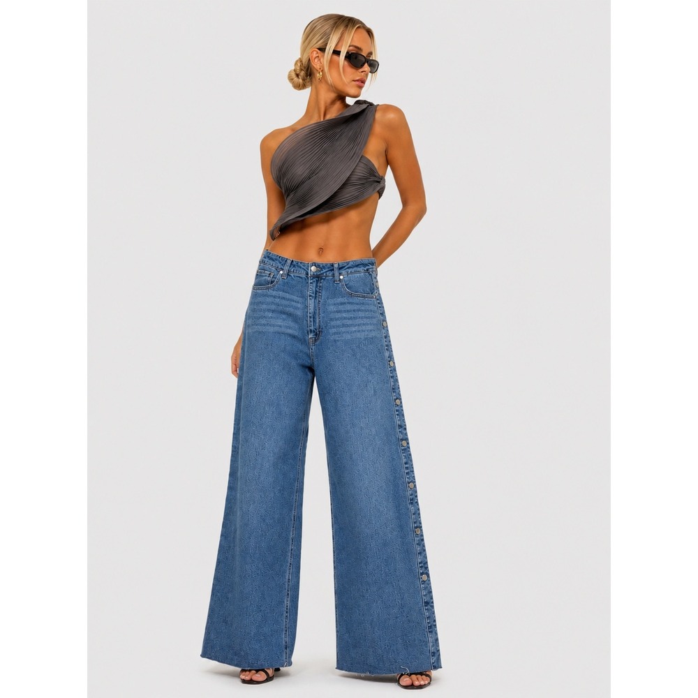 Rachel Roy Side Snap Wide Leg Jeans Medium Wash Blue Size 32 NWT New